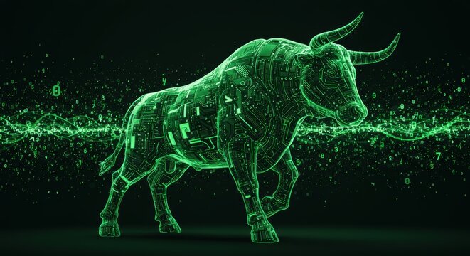 Digital futuristic bull concept for finance technology stock market representing cyber currency innovation