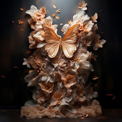 Metallic butterfly surrounded by ethereal flowers art display