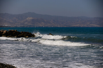 Strong Mediterranean Sea Waves Crashing on Cyprus Rocks