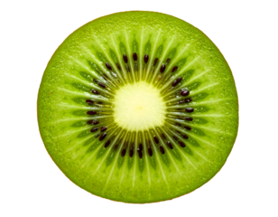 Kiwi round slice with radiant green segments and tiny black seeds, crisp fruit cross-section macro with rind detail on isolated background