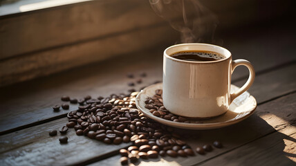 Realistic Steaming Cup of Black Coffee with Roasted Beans on Wooden Table