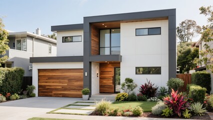 Fototapeta premium Modern Contemporary House with White Walls and Wooden Accents in Suburban Neighborhood