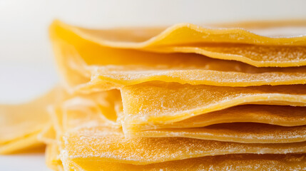 Close-up of lasagna sheets resting flat with slight overlapping, focusing on their soft texture and subtle shine, against a white background.