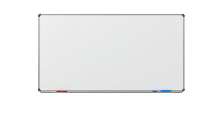 A pristine, empty horizontal whiteboard with a sleek silver frame in a professional studio setting, against a transparent seamless background, concept of blank slate for innovation