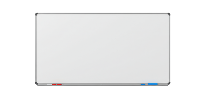 A pristine, empty horizontal whiteboard with a sleek silver frame in a professional studio setting, against a transparent seamless background, concept of blank slate for innovation