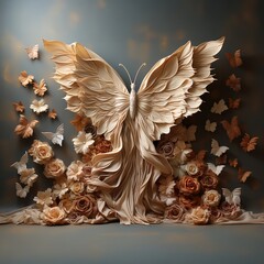 Fabric sculpture of butterfly wings and dress with flowers art display
