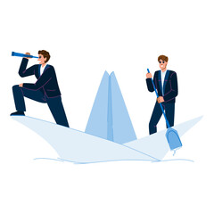 Obraz premium Businessmen rowing and scouting for new opportunities in paper boat