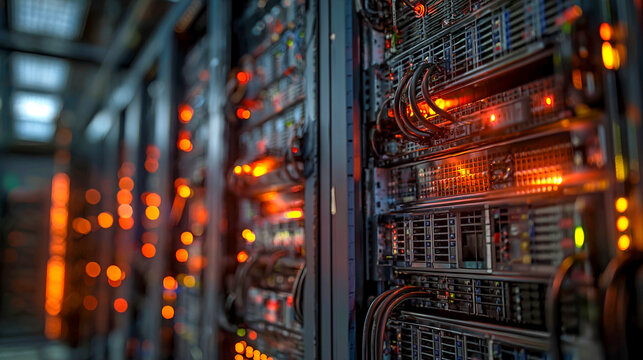 Abstract Close-Up of Technological Server Rack with Glowing Lights