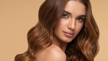 Fototapeta premium Portrait of a beautiful woman with wavy brown hair and soft skin posing against a beige backdrop, emanating natural elegance and sophistication. Ideal for beauty, cosmetics, and lifestyle themes.