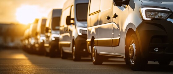 The Van Fleet of White Delivery Vehicles Parked in a Row at Sunset