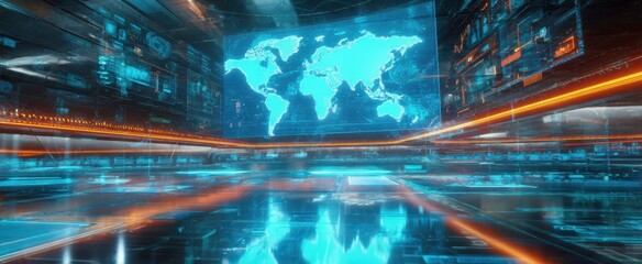 The World Map Holographic Display in a Futuristic Control Room with Neon Lighting