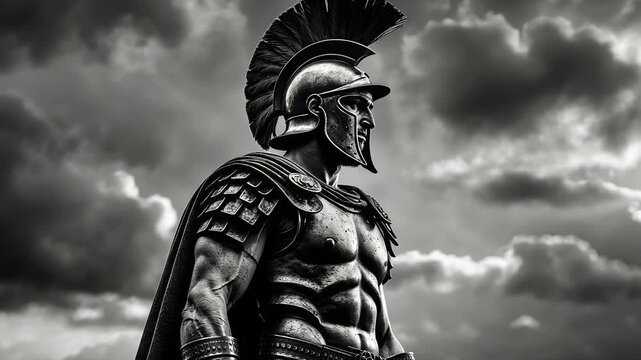 Powerful ancient warrior statue in detailed armor with helmet standing under dramatic stormy clouds captured in striking black and white style