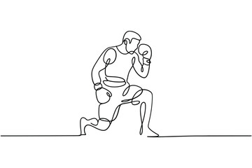 Obraz premium Continuous line drawing of a boxer in a defensive stance