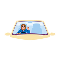 Angry woman driving car and showing fist, road rage concept