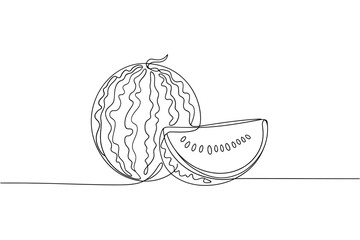 Simple line drawing of a watermelon and a slice
