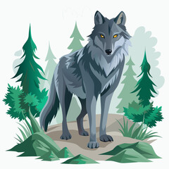 vector illustration of wolf, stalking, watercolor