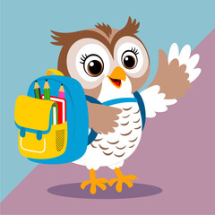 Happy Cartoon Owl Student with Backpack Waving - Back to School Learning Mascot Illustration