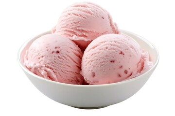 Fresh strawberry ice cream scoops in a white bowl.