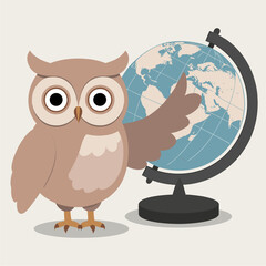 Wise Cartoon Owl Pointing at Earth Globe - Education and Global Knowledge Concept