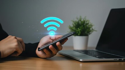Hand holding smartphone radiating blue Wi-Fi signal, representing seamless wireless connection and digital networking - Powered by Adobe