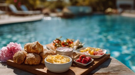 Enjoying a delightful outdoor meal with fresh dishes by the pool in a serene setting