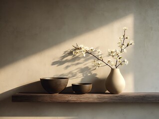 Minimalist still life with ceramic vase and blossoming white flowers on wooden shelf in warm natural sunlight, serene modern interior style