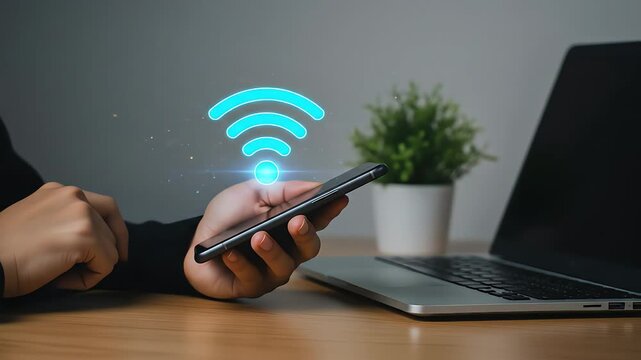 Hand holding smartphone radiating blue Wi-Fi signal, representing seamless wireless connection and digital networking