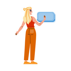 Woman pressing button on interactive panel, engaging with technology