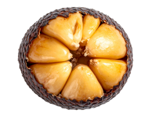 Salak snake fruit half with glossy golden segments nestled in dark scaly rind, sweet exotic tropical fruit macro on isolated background