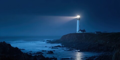 The lighthouse on a rocky cliff casting a bright beam across misty midnight sea