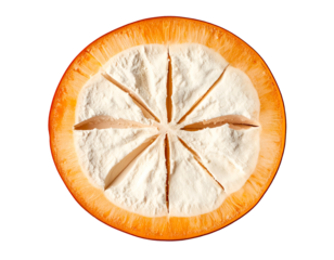 Santol fruit cross-section showing thick orange rind and star of white juicy pulp segments, tropical Asian produce macro on isolated background