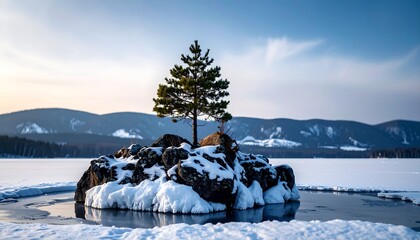 Small Evergreen Tree on Snowy Rock Island in Frozen Lake