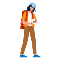 Tourist using smartphone and carrying backpack while traveling