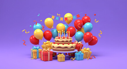 Festive Birthday Cake with Balloons and Gifts