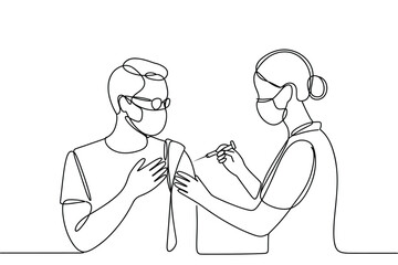 Medical professional administering vaccine to patient in continuous line art