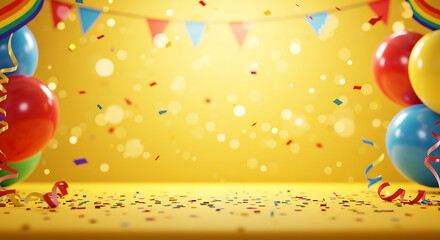 Festive Yellow Background: Balloons, Confetti, & Bunting