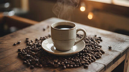 Warm Steaming Black Coffee in White Cup with Roasted Beans on Rustic Table