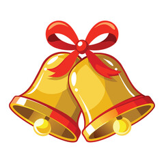A pair of golden bells tied together with a red ribbon, a beautiful and classic icon for christmas and holiday celebrations.