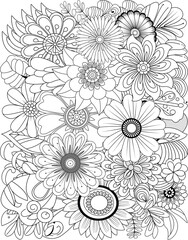Detailed line art floral arrangement featuring numerous blossoms and intricate petal designs transparent background