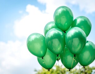 Green balloons against a partly cloudy sky