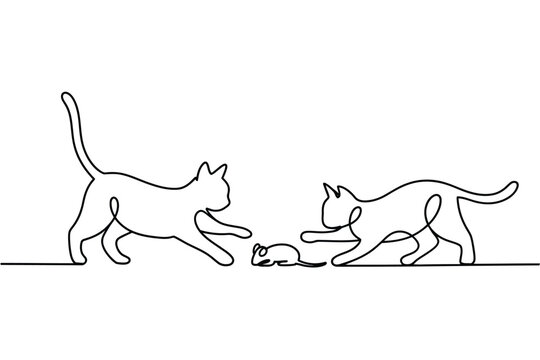 Two cats and a mouse in continuous line art