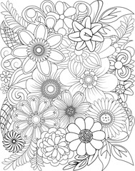 Detailed black and white line art floral arrangement for coloring and creative projects transparent background