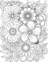 Intricate floral coloring page featuring diverse blooms and detailed patterns for relaxation and creativity transparent background