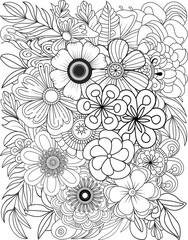 Intricate floral design coloring page for relaxation and creative expression transparent background