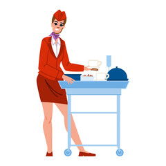 Smiling flight attendant serving food and drinks on a trolley