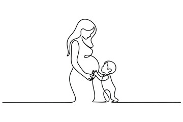 Pregnant woman and child embrace in minimalist line art