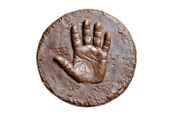 Handprint fossilized in brown clay token art, isolated on transparent background