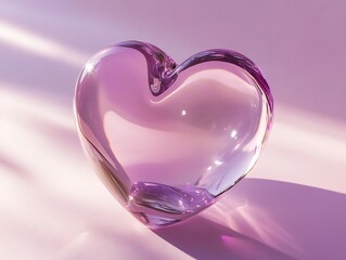 Fototapeta premium Beautiful translucent purple crystal heart with soft pink backdrop.