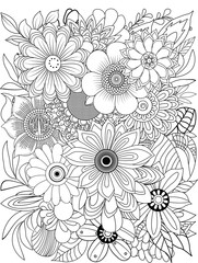 Intricate floral coloring page for adults featuring a detailed bouquet of various flowers and leaves transparent background