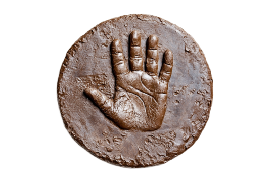 Handprint fossilized in brown clay token art, isolated on transparent background - Powered by Adobe